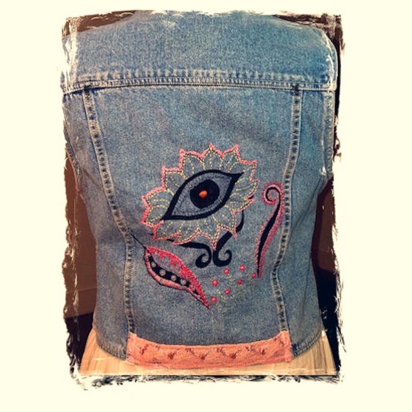 Hand Embroidered Evil Eye Denim Vest Boho Hippie - Picture 8 of 8